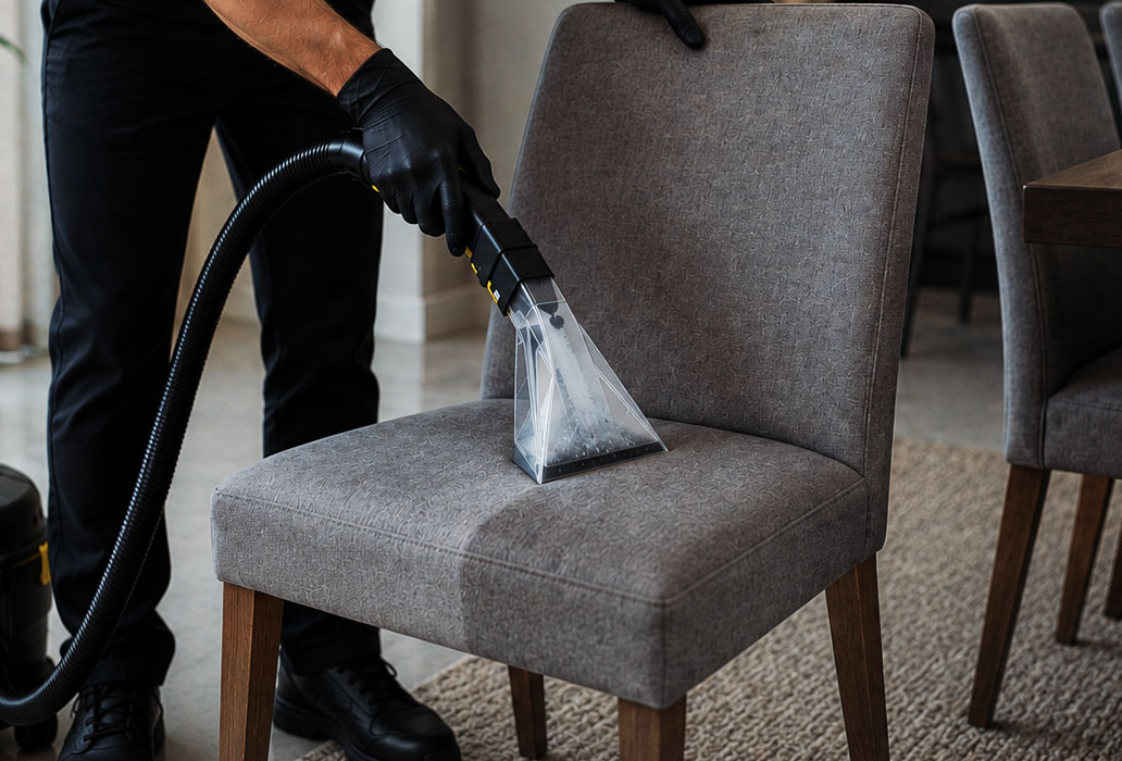 Higienização de uma cadeira de sala de jantar estofada, com extratora